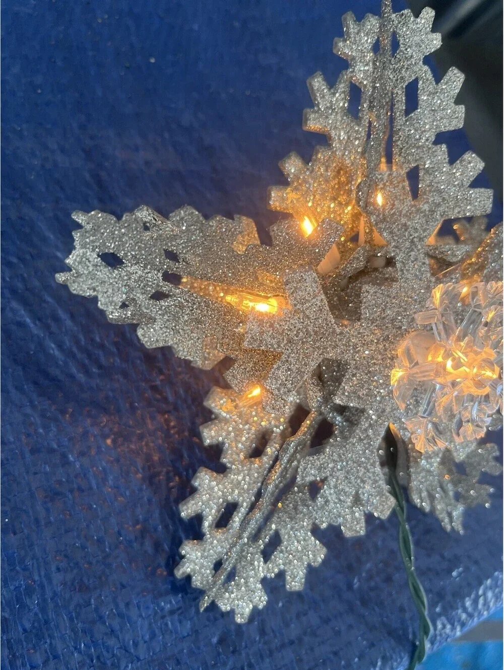 Christmas Tree Topper Silver Glitter Snowflake Star Lighted Christmas Ornament